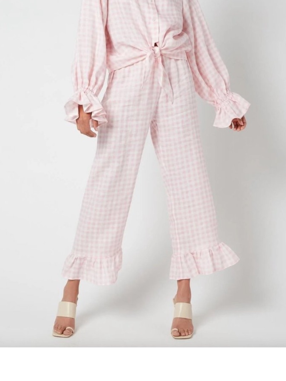 Sleeper Linen Gingham Ruffle Pants Wide Leg Ankle Length Pink White Size XL